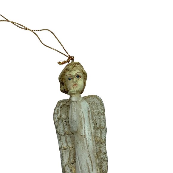 Vintage Wood Icicle Angel Ornament With Gold String Hanger 6" - Picture 2 of 4